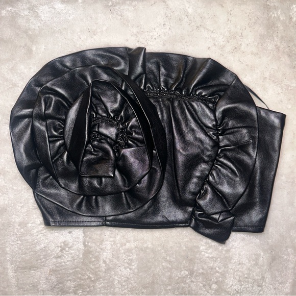 Forever 21 Tops - Forever 21 Black Faux Leather Ruched Ruffle Bandeau Crop Top Size Small
